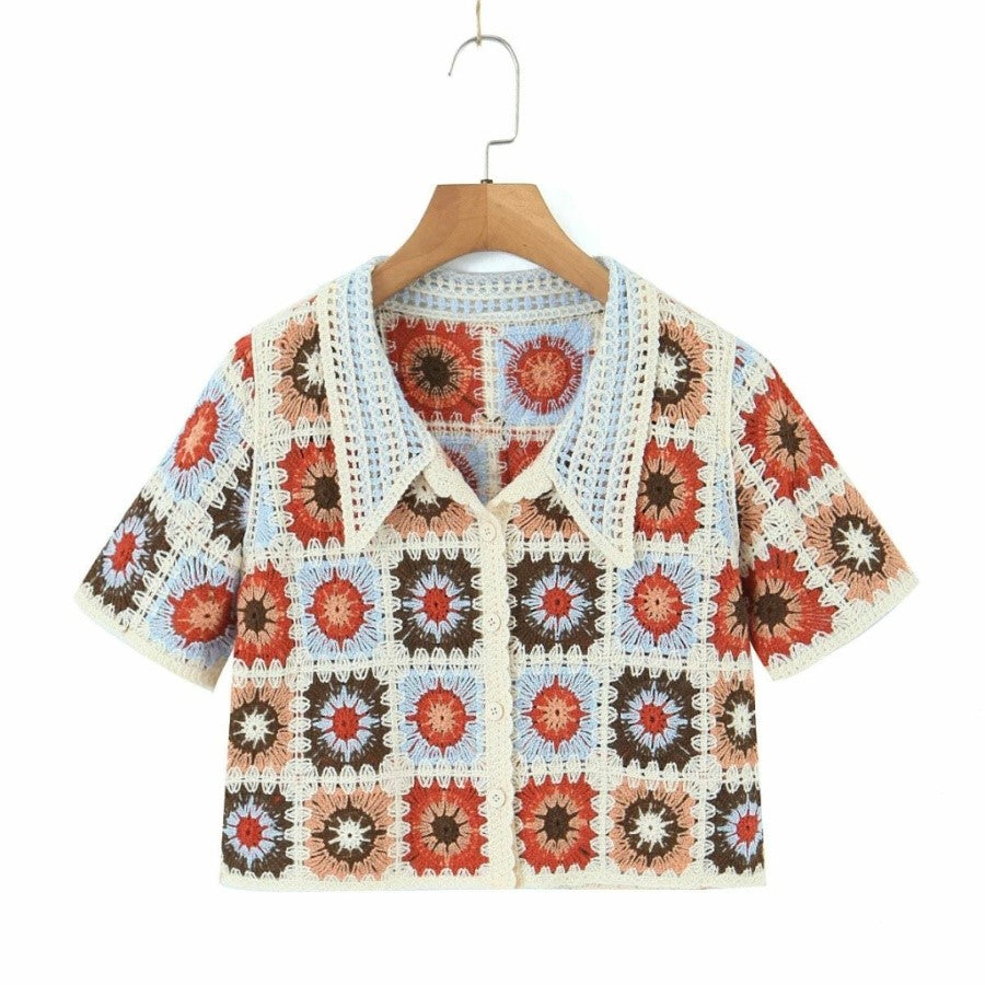 Women Boho Cardigan Sweater Crop Top 24 Crochet Summer Front